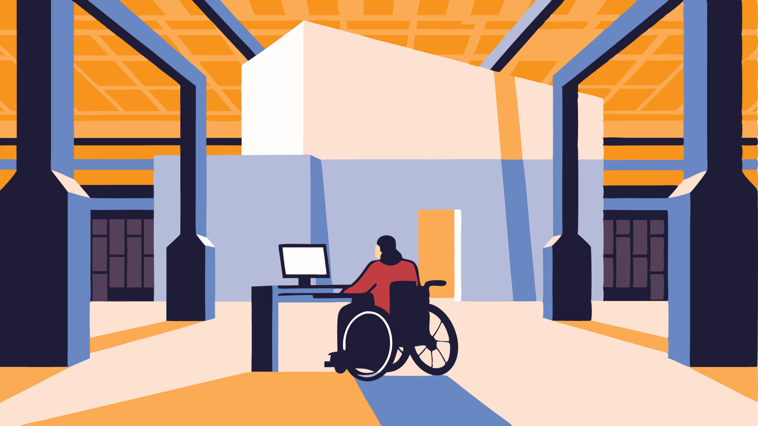 Individual in wheelchair working at a desk with computer in a spacious modern office environment featuring bright colors and geometric shapes, emphasizing accessibility and innovation